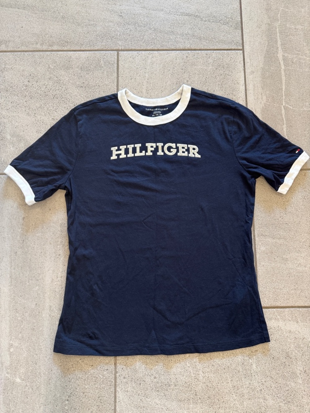 Tommy Hilfiger Women’s Navy and White Logo Tee, Sz XS